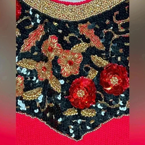 Vintage Victoria Harbour Holiday Sweater Red Gold Black Sequin Bead Size Medium - Picture 4 of 10